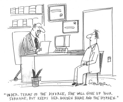Under terms of the divorce, she will give up your surname, but keeps her maiden name and the hyphen.