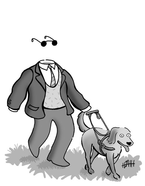 Invisible man with his seeing eye dog.