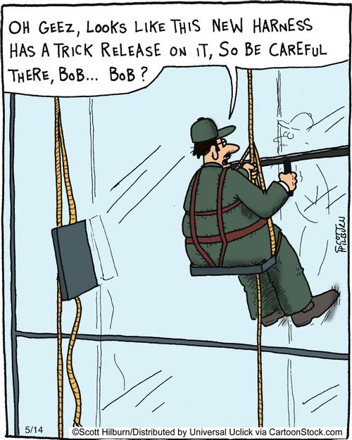 'Oh geez, looks like this new harness has a trick release on it, so be careful there, Bob... Bob?'