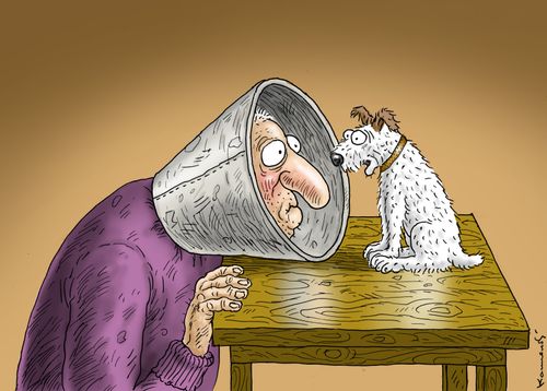 Man wearing a dog cone