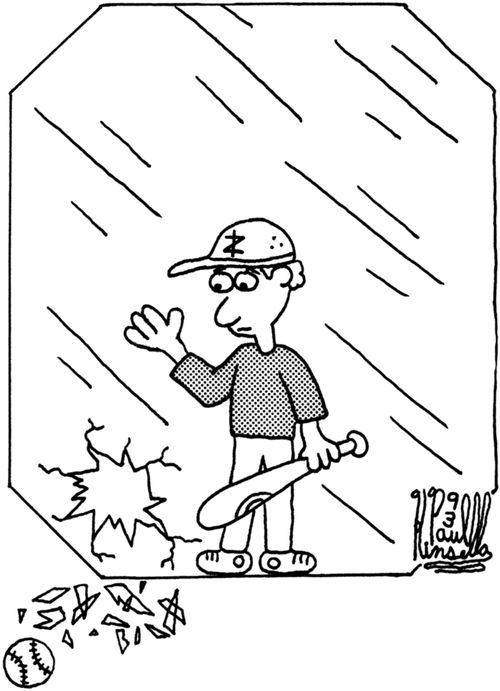 Baseball breaking the fourth wall of the cartoon panel.