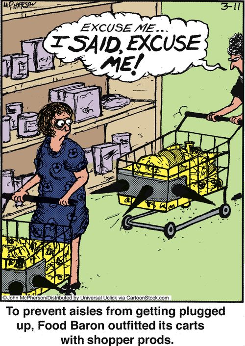 To prevent aisles form getting plugged up, Food Baron outfitted its carts with shopper prods.