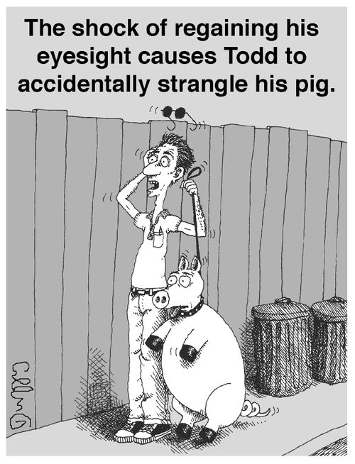 The shock of regaining his eyesight causes Todd to accidentally strangle his pig.