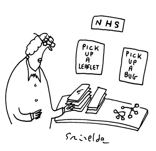 Woman in hospital: Pick up a leaflet, Pick up a bug.