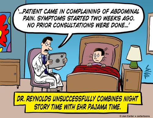 Dr. Reynolds unsuccessfully combines night story time with EHR pajama time.