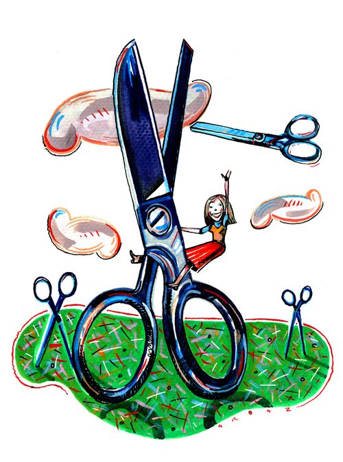 Girl on a giant pair of scissors.