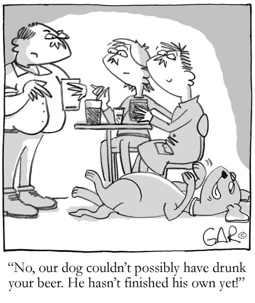 "No, our dog couldn't possibly have drunk your beer. He hasn't finished his own yet!"