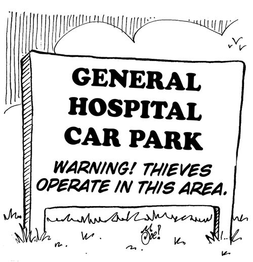 General hospital car park. Warning! Thieves operate in this area.