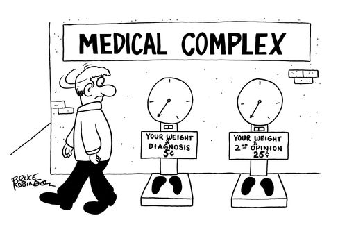 Surprised man doing double-take look at weight scales outside of medical complex.