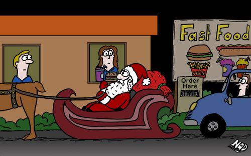 Santa gets hungry and gooes through the drive-thru at the fast food takeaway.