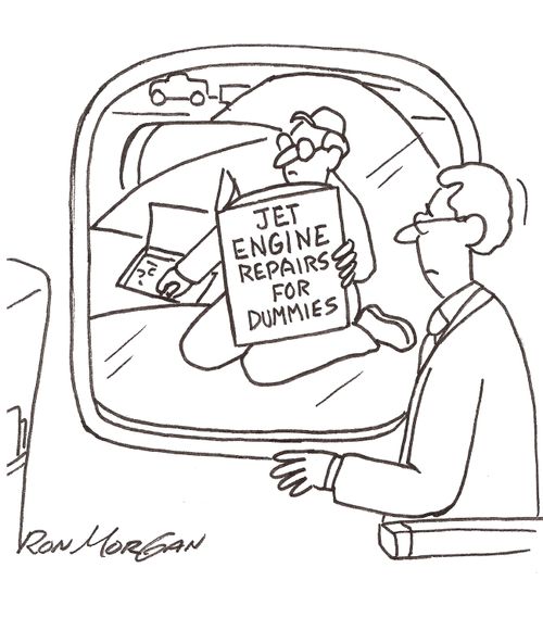 Airliner passenger sees mechanic reading book on how to repair the engines.