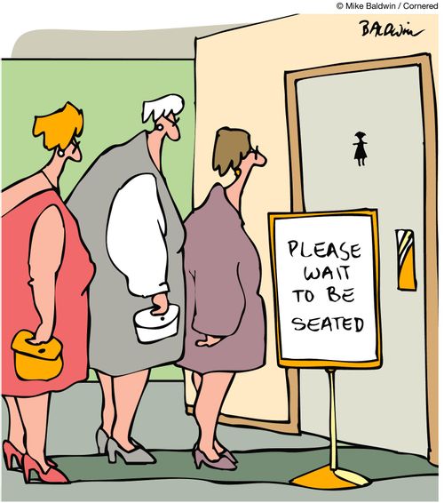 Queue outside lady's toilets: 'Please wait to be seated'.