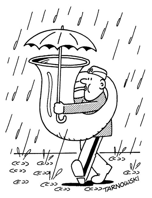 Tuba player with an umbrella.