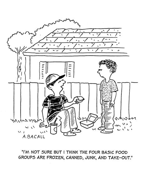 'I'm not sure but I think the four basic food groups are frozen, canned, junk and take out.'
