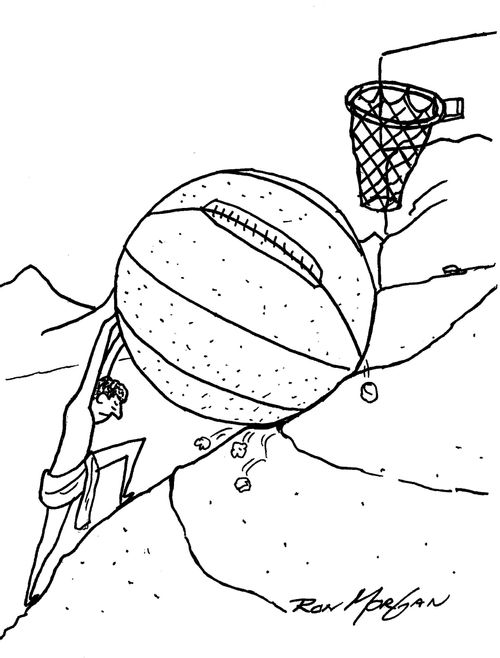 Sisyphus pushing a huge basketball up the hill