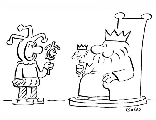 Jester has little jester head on stick, king has little king head on stick.