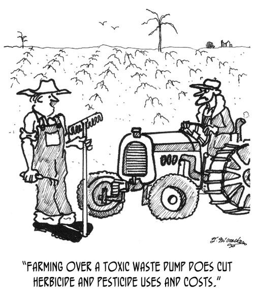 'Farming over a toxic waste dump does cut herbicide and pesticide uses and costs.'