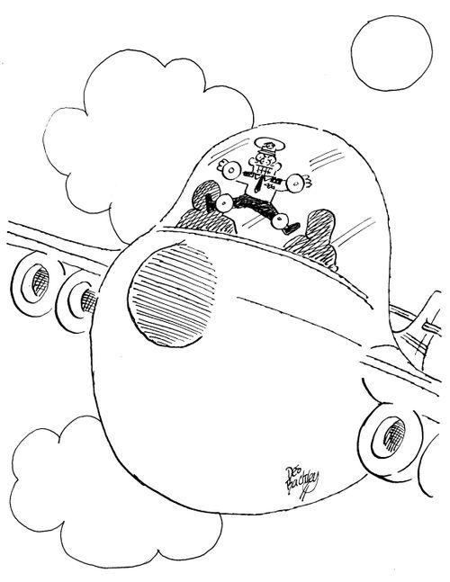 Pilot toy stuck to the window of an aeroplane.