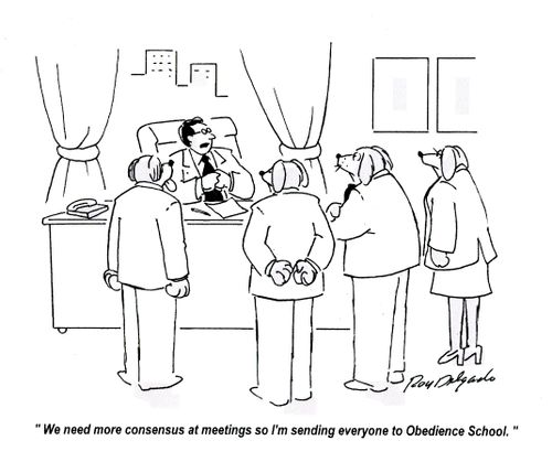 'We need more consensus at meetings so I'm sending everyone to Obedience School.'