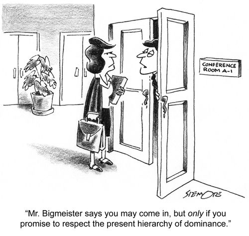 'Mr. Bigmeister says you may come in, but only if you promise to respect the present hierarchy of dominance.'