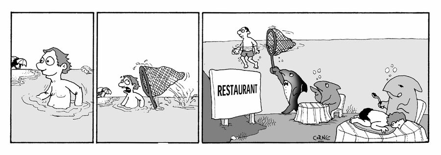 STRIP Shark diners picking humans in an underwater restaurant