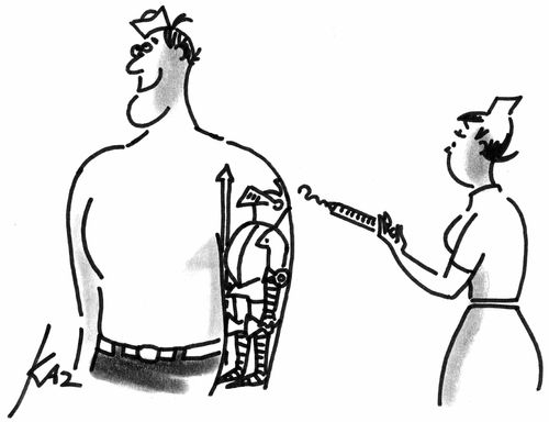 Syringe being bent by a tattoo of a knight in armour.
