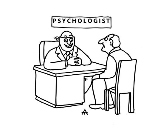 Psychologist has a happy mask on.