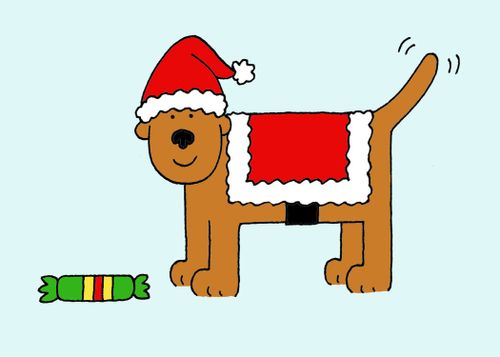 Dog in Christmas outfit with cracker.