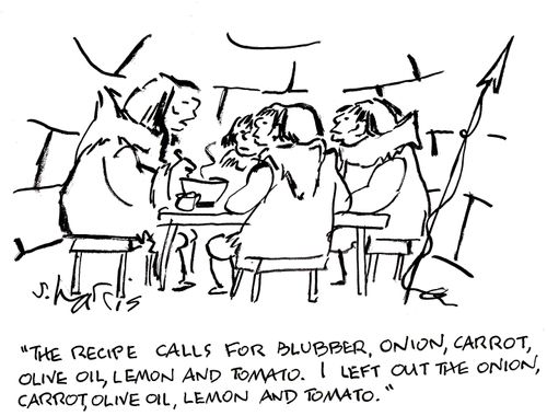 'The recipe calls for blubber, onion, carrot, olive oil, lemon and tomato.  I left out the onion, carrot, olive oil, lemon and tomato.'
