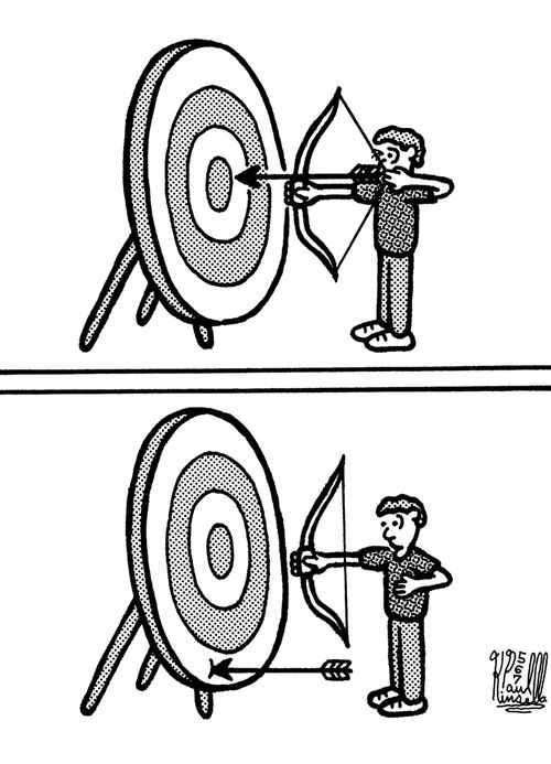 Archer with bow and arrow failing a very close shot at target.