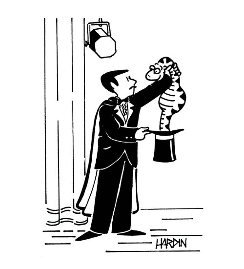 Magician pulls snake out of hat.