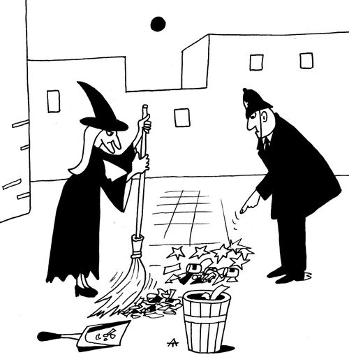 Policeman make a witch use her broomstick to clean up.