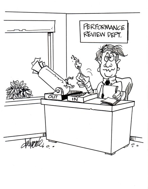 Man at a desk in Performance Review Dept. has a cannon in the 'OUT' box pointing out the window lights cannon.