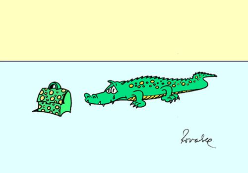 Alligator crying over a handbag.