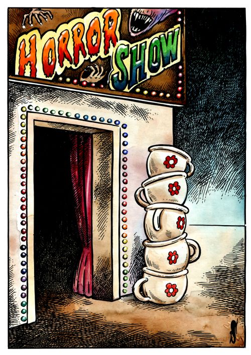 A stack of chamber pots sits next to a horror show.