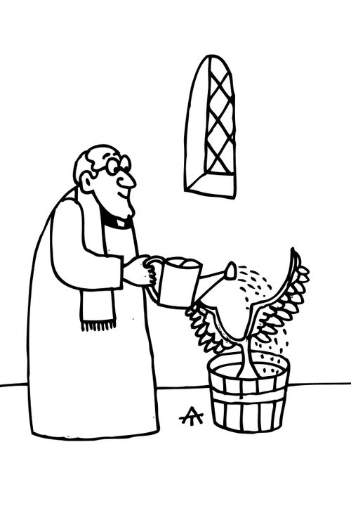 Priest watering his wings.