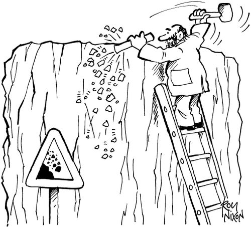 Sculptor with falling rocks sign.
