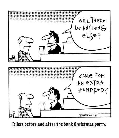 Tellers before and after the bank Christmas party.