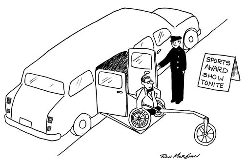 Man leaves stretch limousine in a stretch wheelchair.