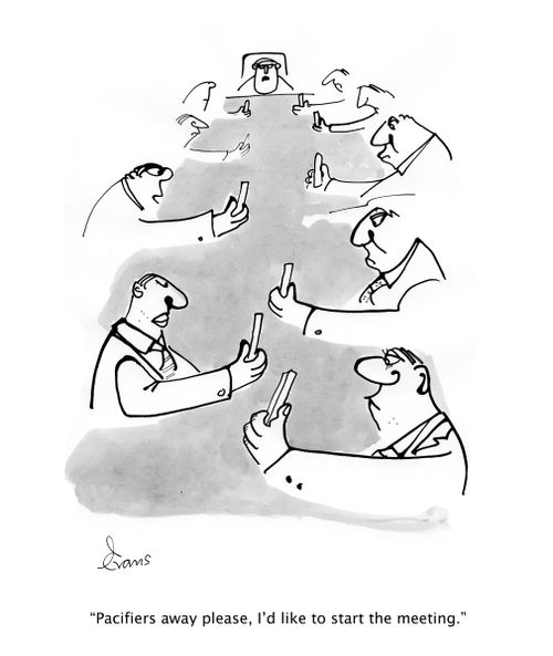 'Pacifiers away please, I'd like to start the meeting,' says the chairman.