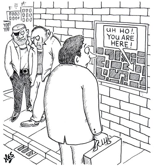 Man looks at street map: 'Uh ho.You are here ! '