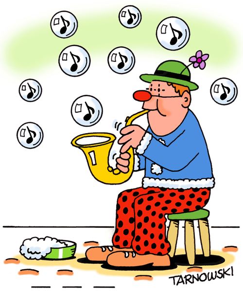A clown combines music and soap bubbles.