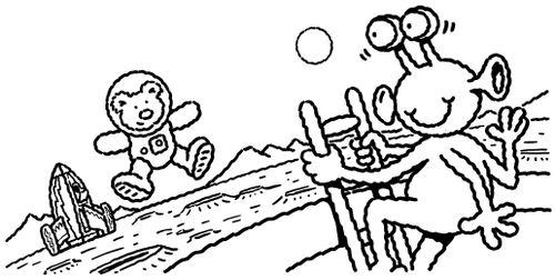 Bear in a space suit meeting an alien.