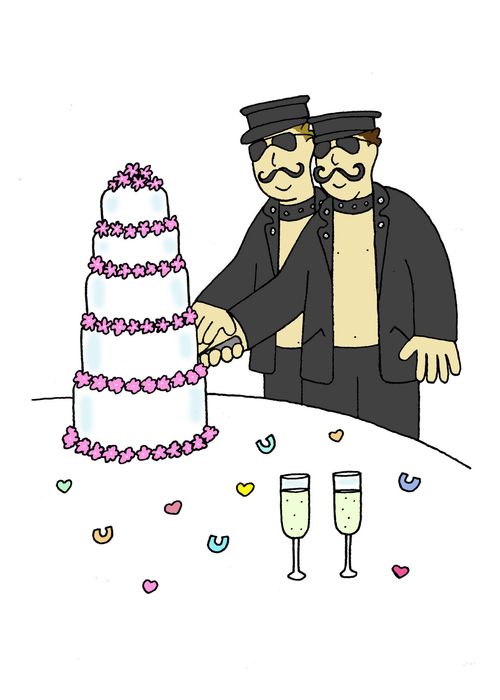 Two grooms cutting a civil union cake...