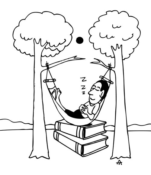 Hammock resting on books.