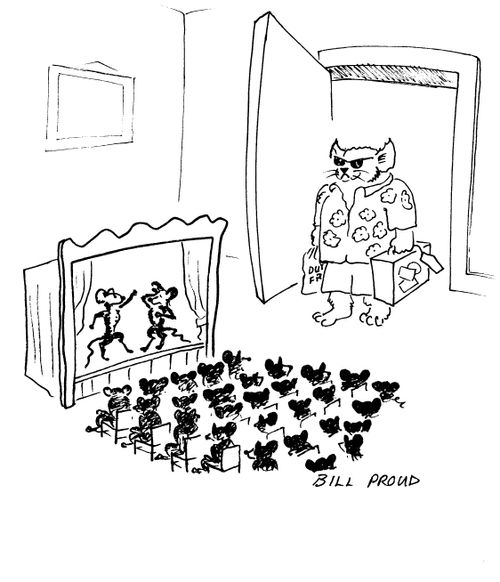 Cat comes home from holiday to find mice in his house watching play.