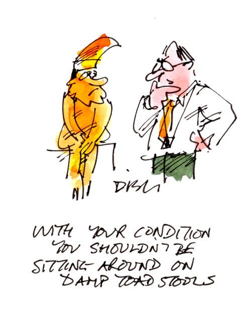 'With your condition you shouldn't be sitting around on damp toad stools.' 