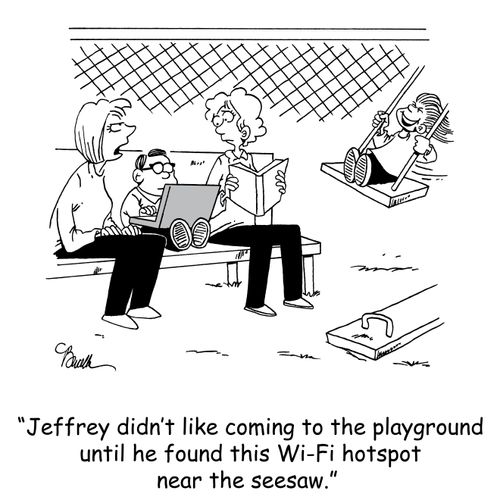'Jeffrey didn't like coming to the playground until he found this Wi-Fi hotspot near the seesaw.'