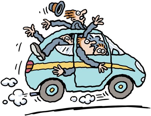 Lots of men squeezed into a small car.