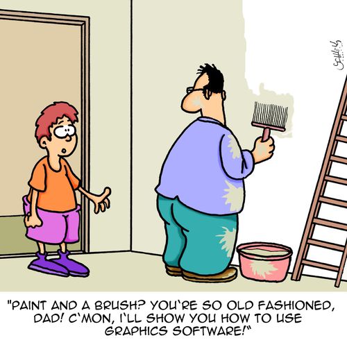 "Paint and a brush? You're so old fashioned, dad! C'mon, I'll show you how to use graphics software!!"